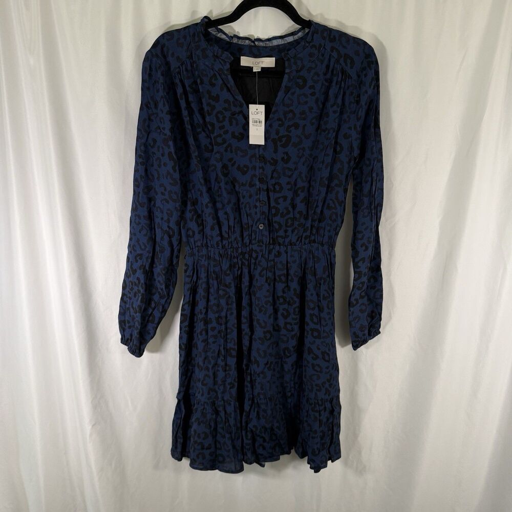 New Loft Mini Dress Women's Small Blue Black Cheetah Print Long Sleeve Button Up